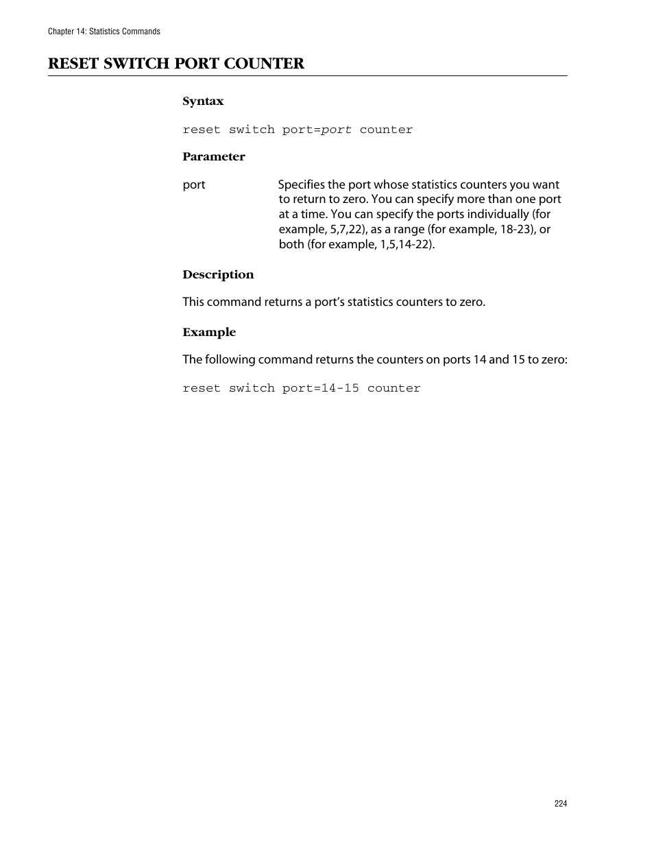 Reset switch port counter | Allied Telesis AT-S62 User Manual | Page 224 / 573