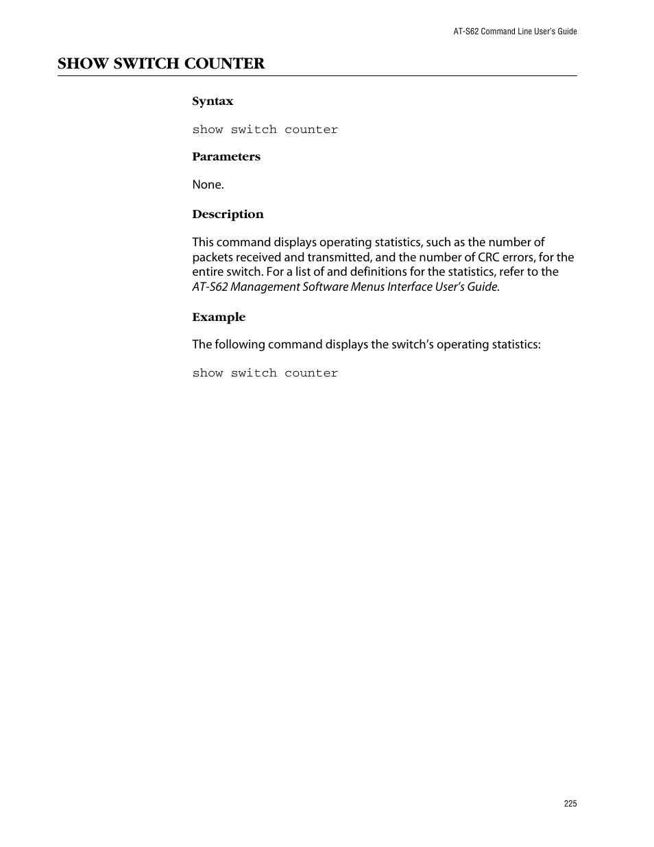 Show switch counter | Allied Telesis AT-S62 User Manual | Page 225 / 573