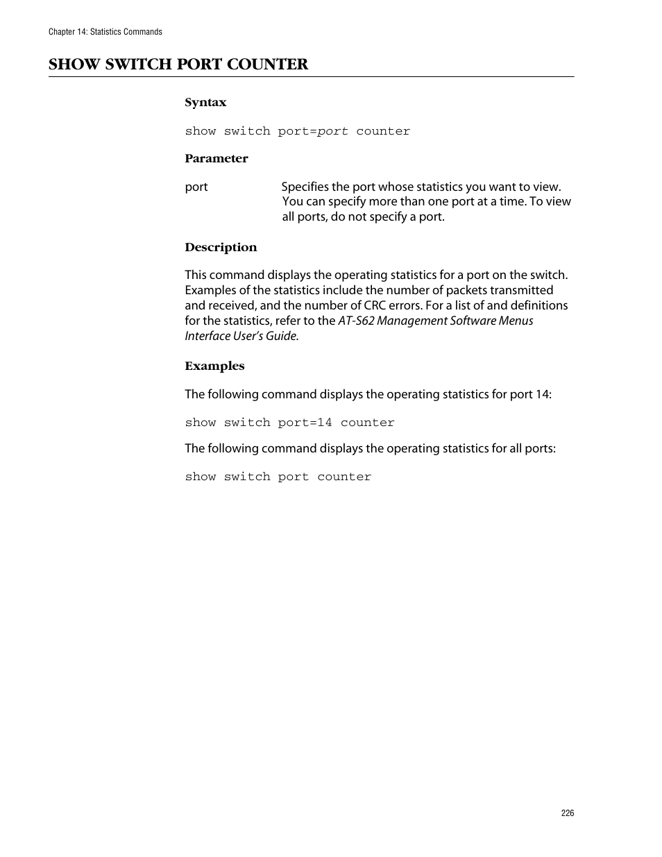 Show switch port counter | Allied Telesis AT-S62 User Manual | Page 226 / 573
