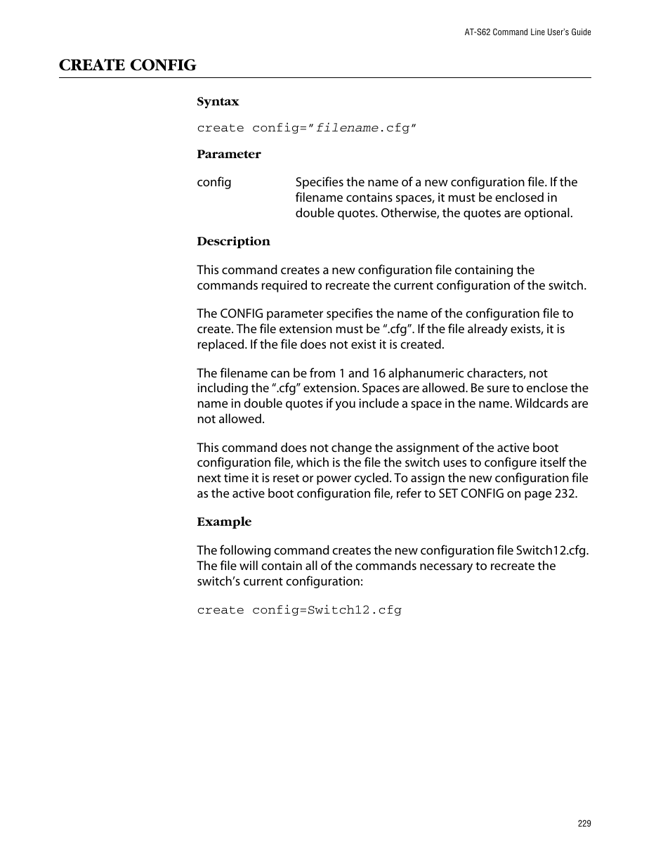 Create config | Allied Telesis AT-S62 User Manual | Page 229 / 573