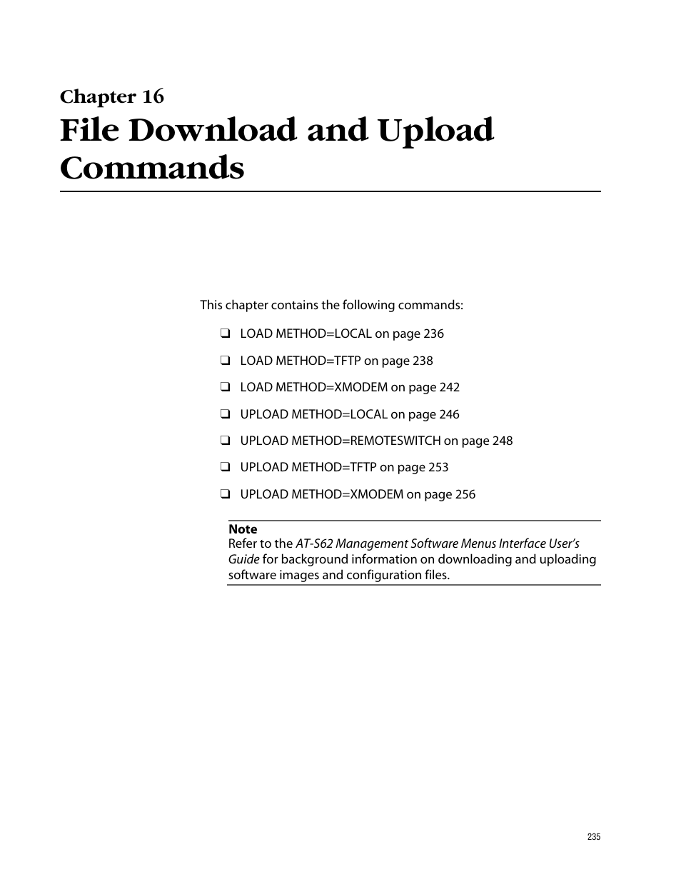 Chapter 16, File download and upload commands | Allied Telesis AT-S62 User Manual | Page 235 / 573