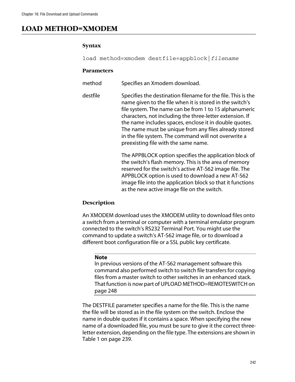 Load method=xmodem | Allied Telesis AT-S62 User Manual | Page 242 / 573