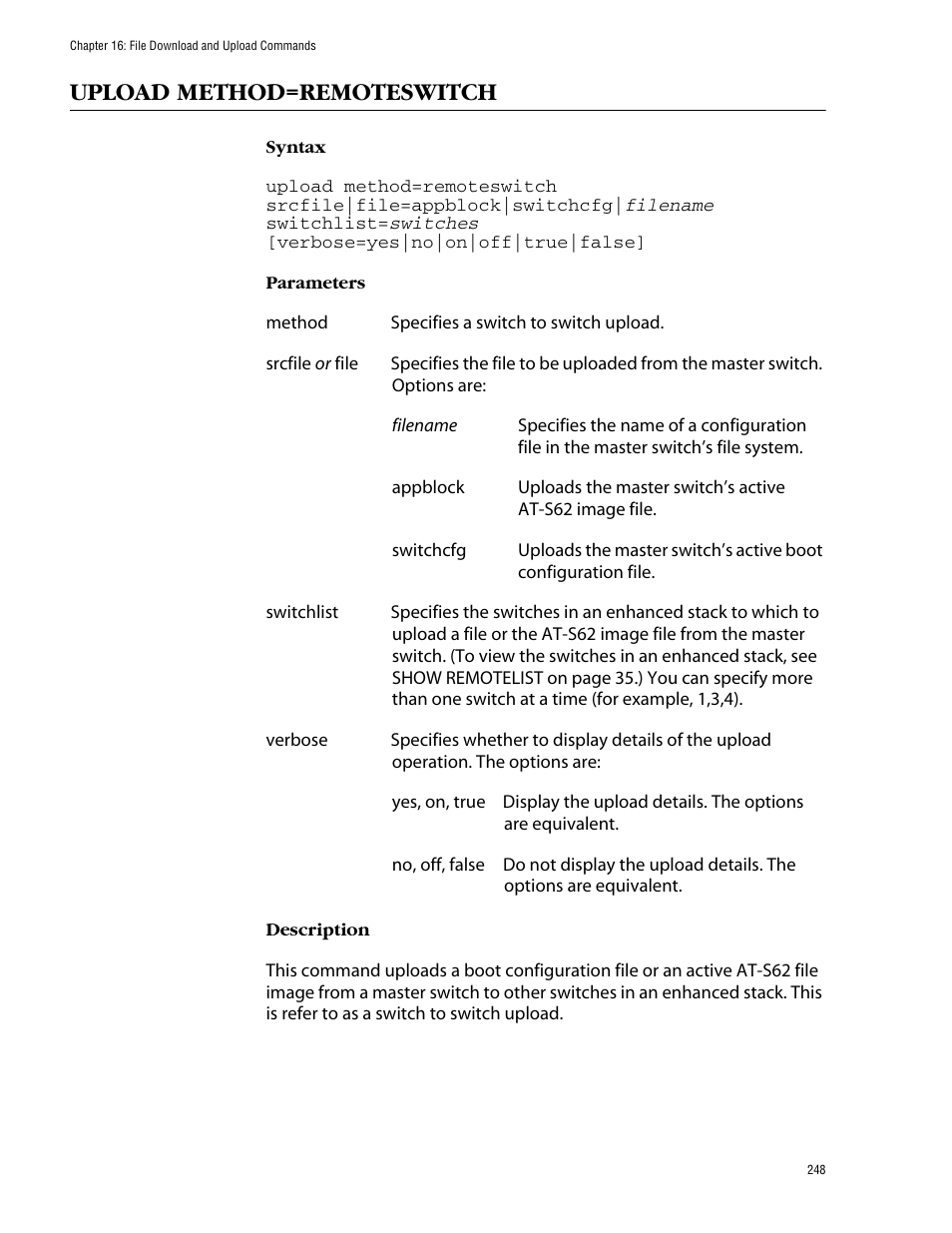 Upload method=remoteswitch | Allied Telesis AT-S62 User Manual | Page 248 / 573