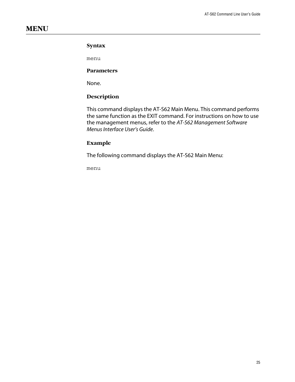 Menu | Allied Telesis AT-S62 User Manual | Page 25 / 573