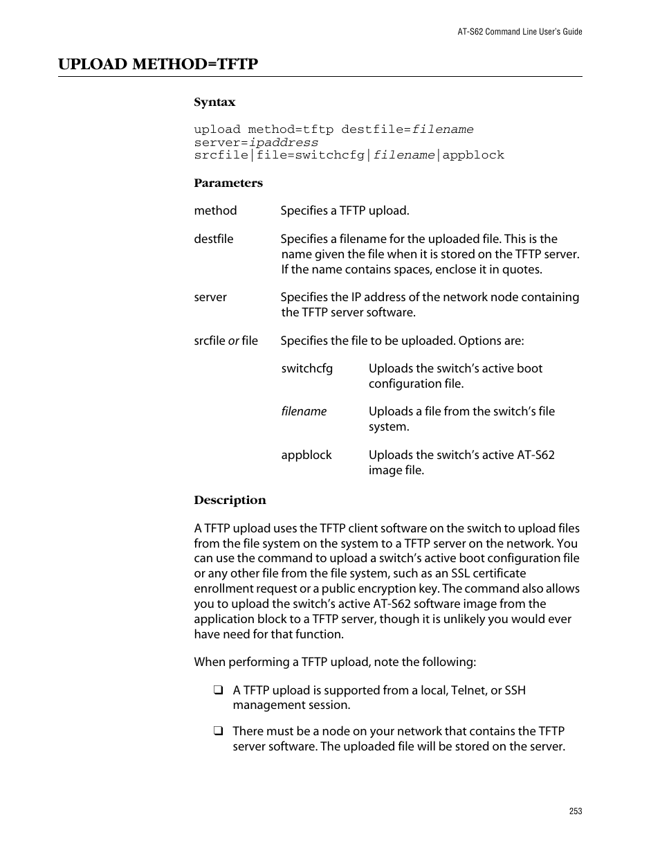 Upload method=tftp | Allied Telesis AT-S62 User Manual | Page 253 / 573