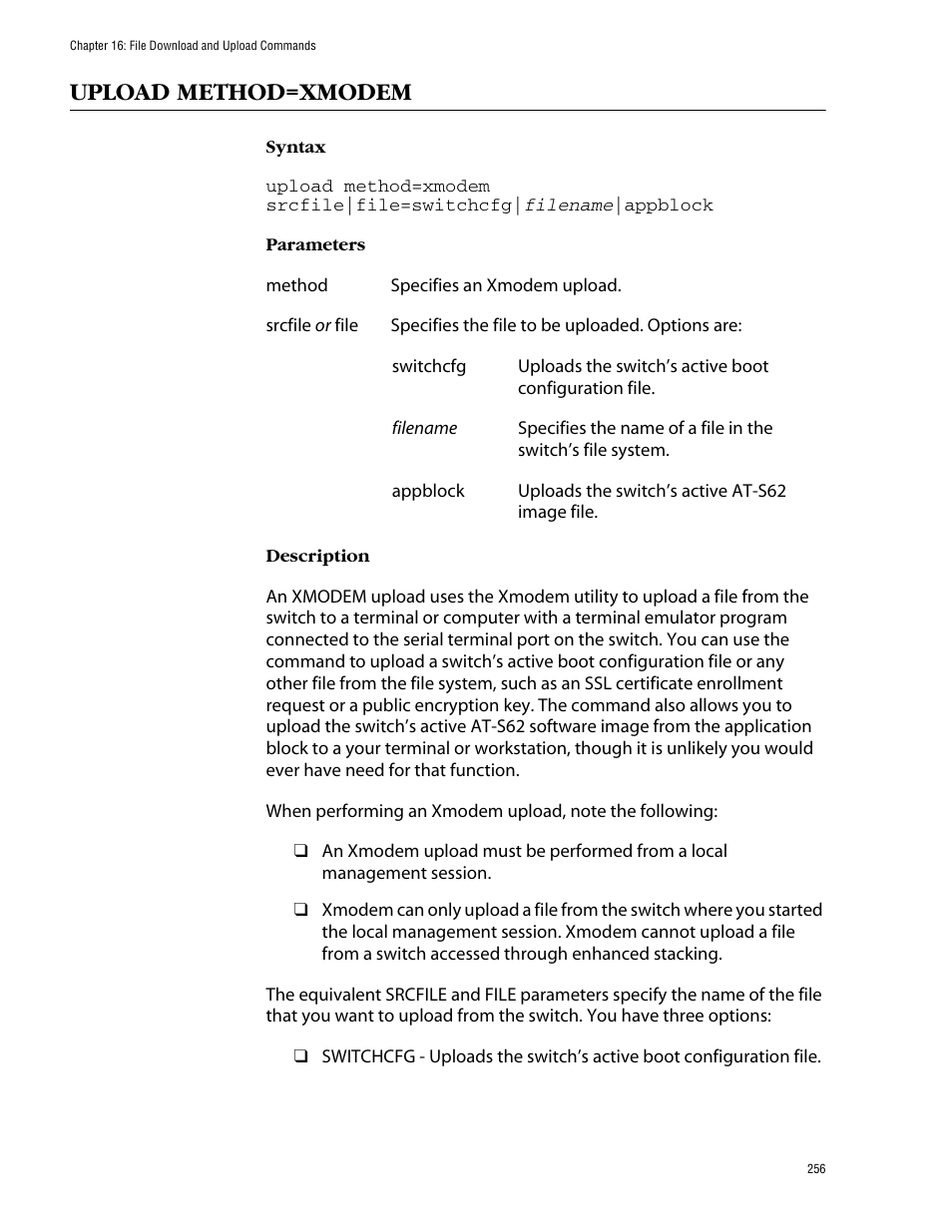 Upload method=xmodem | Allied Telesis AT-S62 User Manual | Page 256 / 573