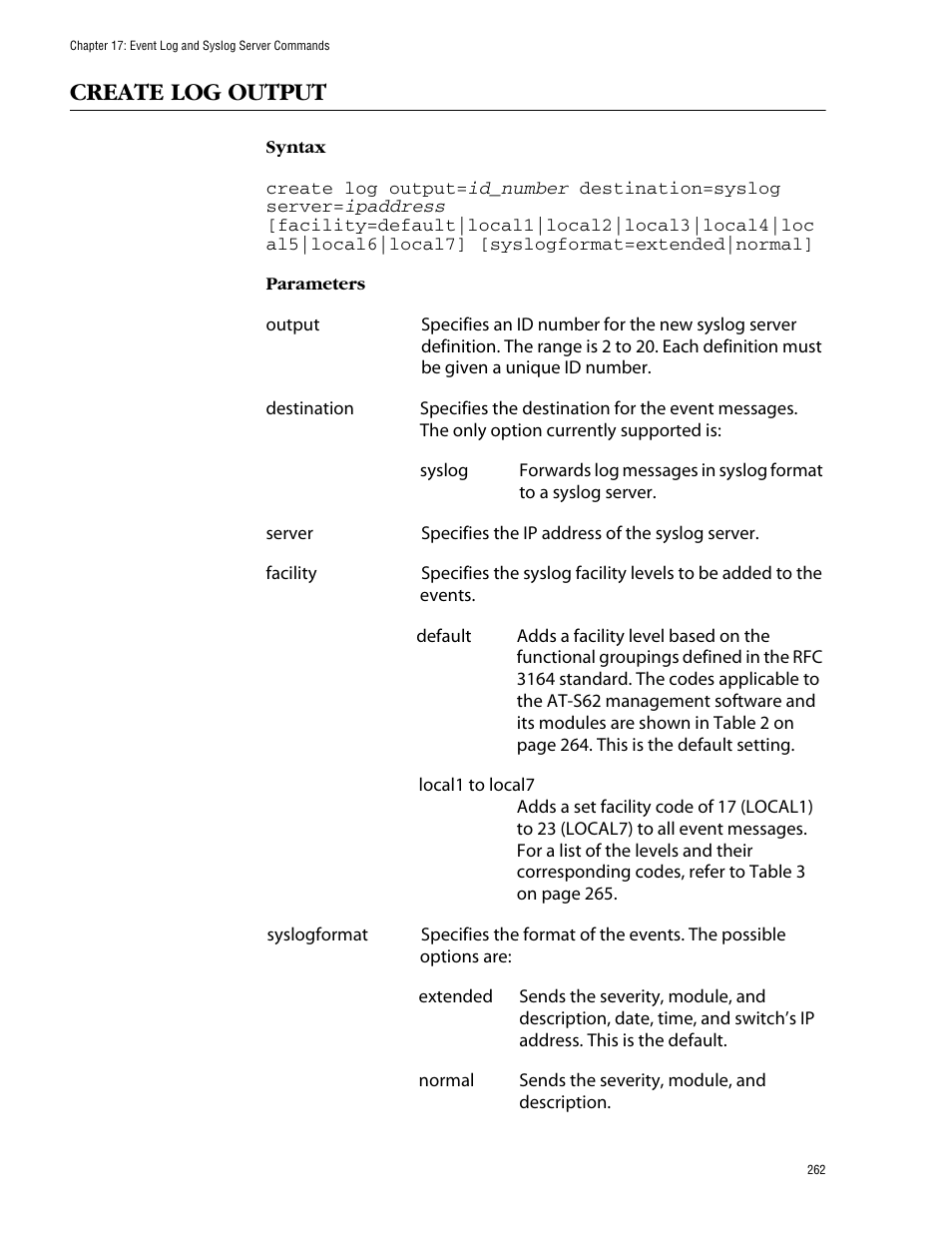 Create log output | Allied Telesis AT-S62 User Manual | Page 262 / 573