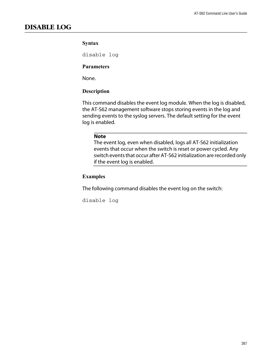 Disable log | Allied Telesis AT-S62 User Manual | Page 267 / 573