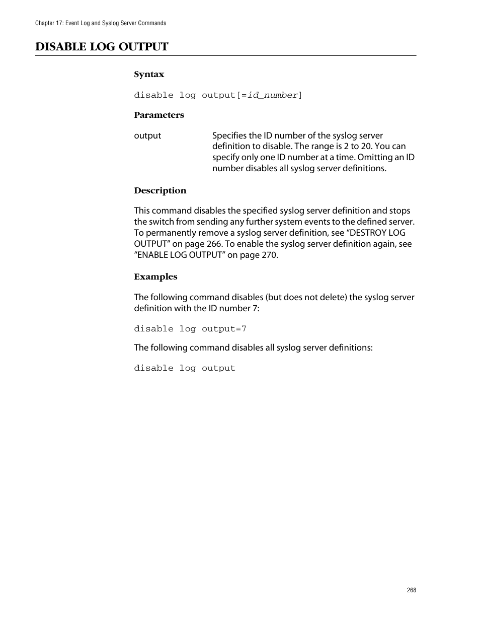 Disable log output | Allied Telesis AT-S62 User Manual | Page 268 / 573