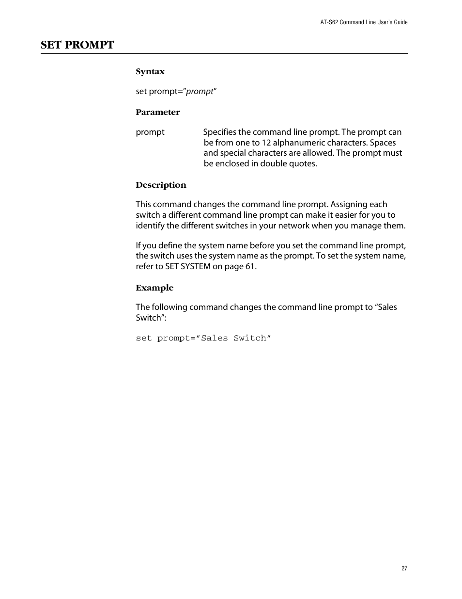 Set prompt | Allied Telesis AT-S62 User Manual | Page 27 / 573