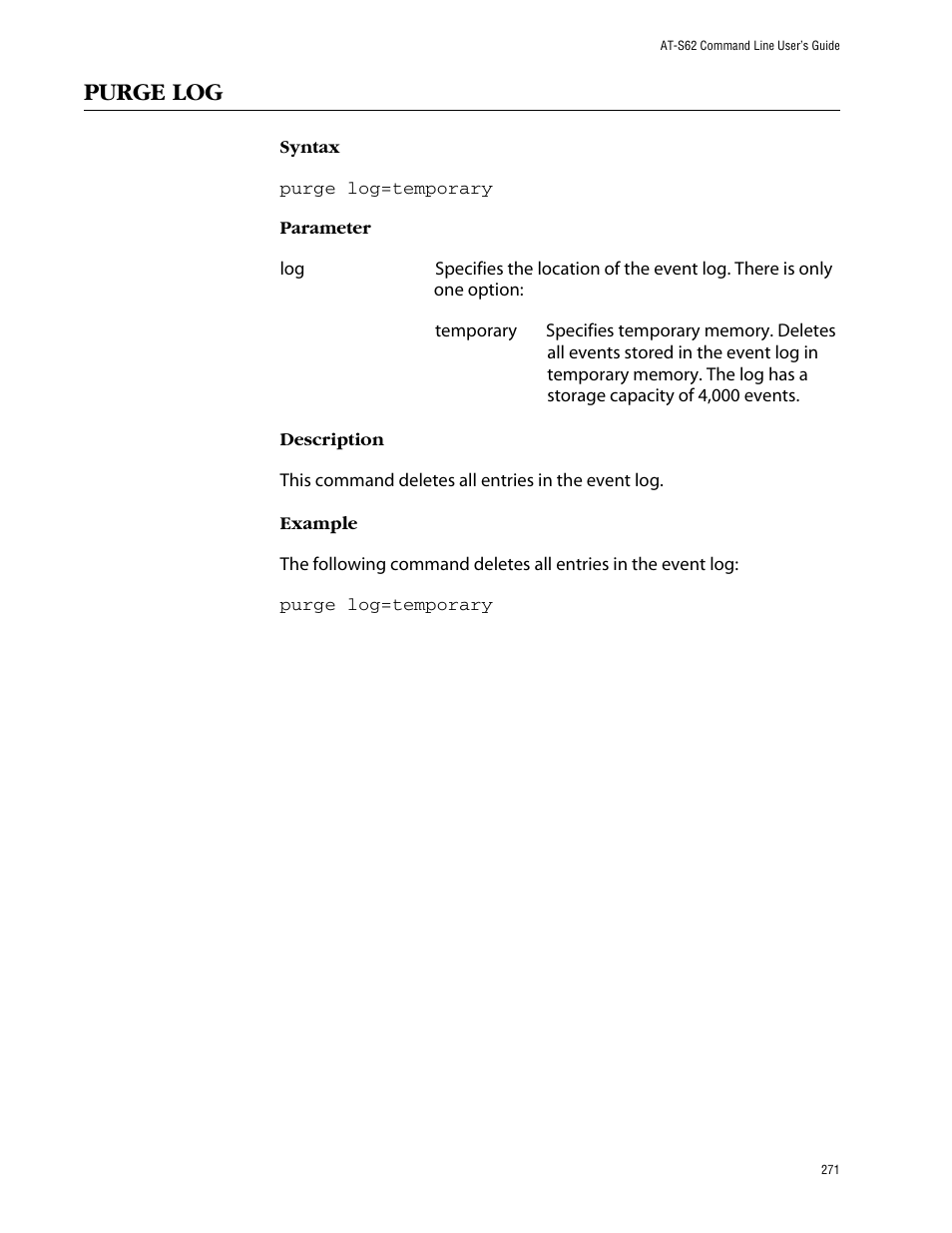 Purge log | Allied Telesis AT-S62 User Manual | Page 271 / 573