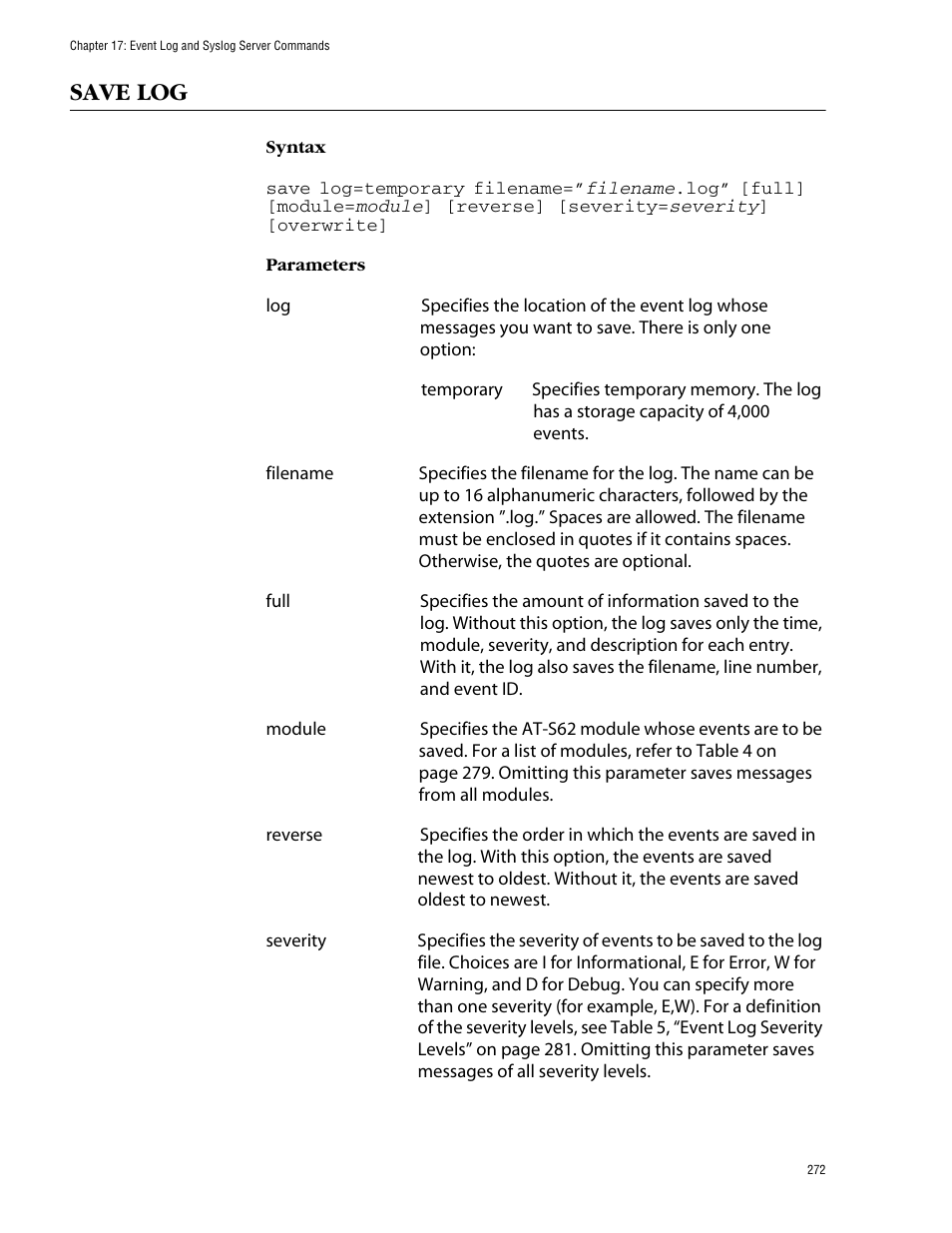 Save log | Allied Telesis AT-S62 User Manual | Page 272 / 573