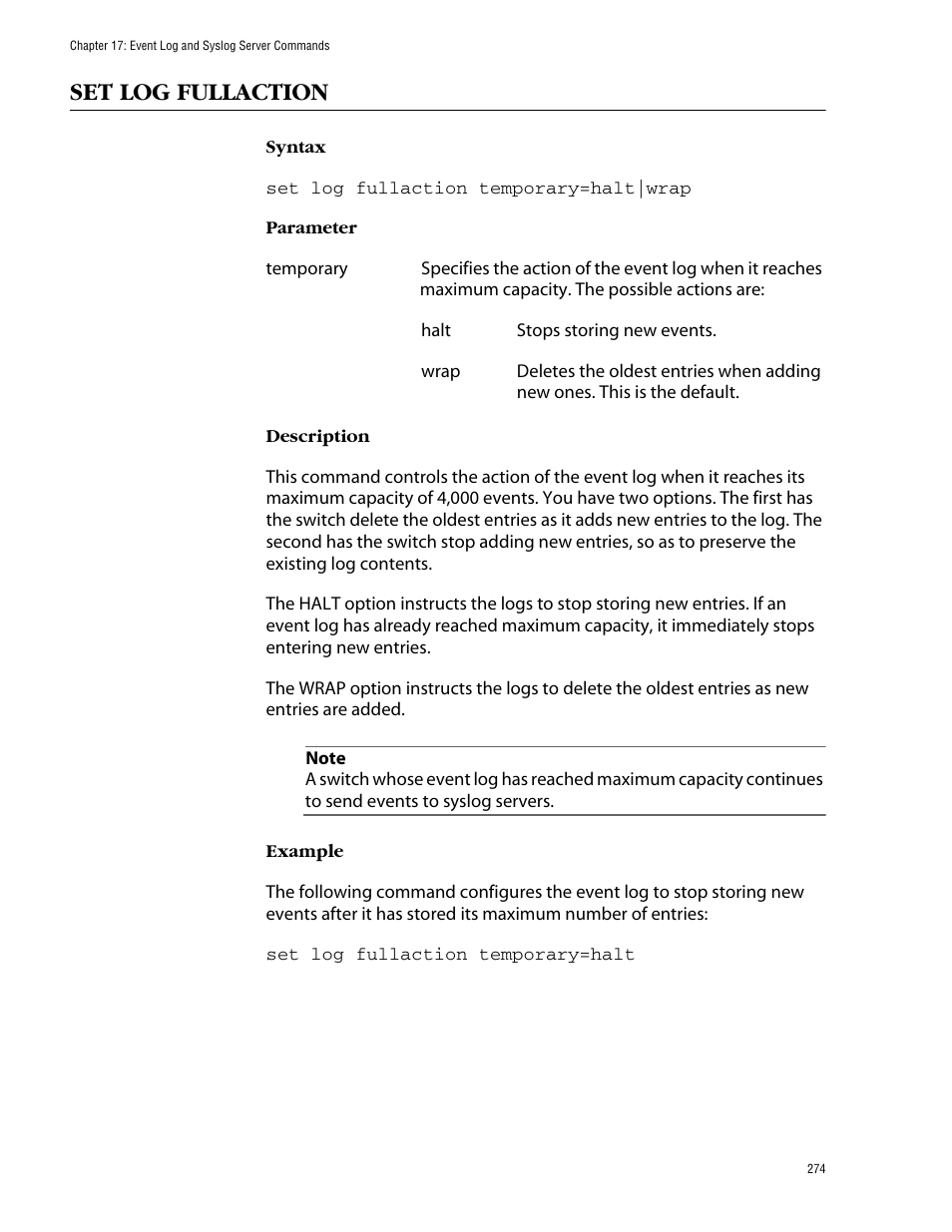 Set log fullaction | Allied Telesis AT-S62 User Manual | Page 274 / 573