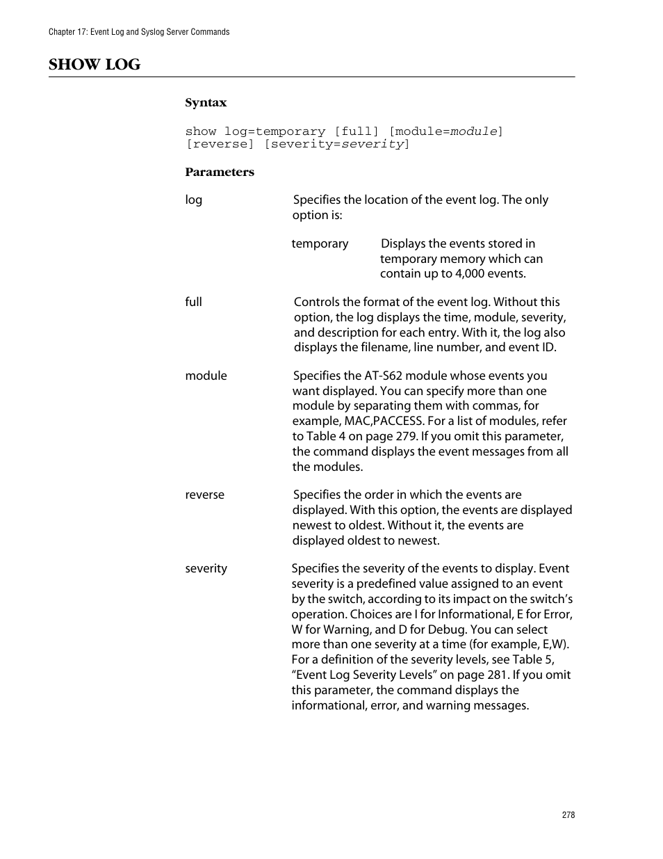 Show log | Allied Telesis AT-S62 User Manual | Page 278 / 573