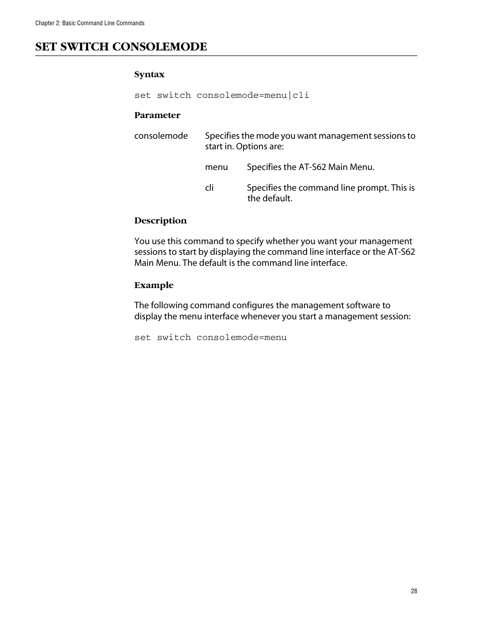 Set switch consolemode | Allied Telesis AT-S62 User Manual | Page 28 / 573