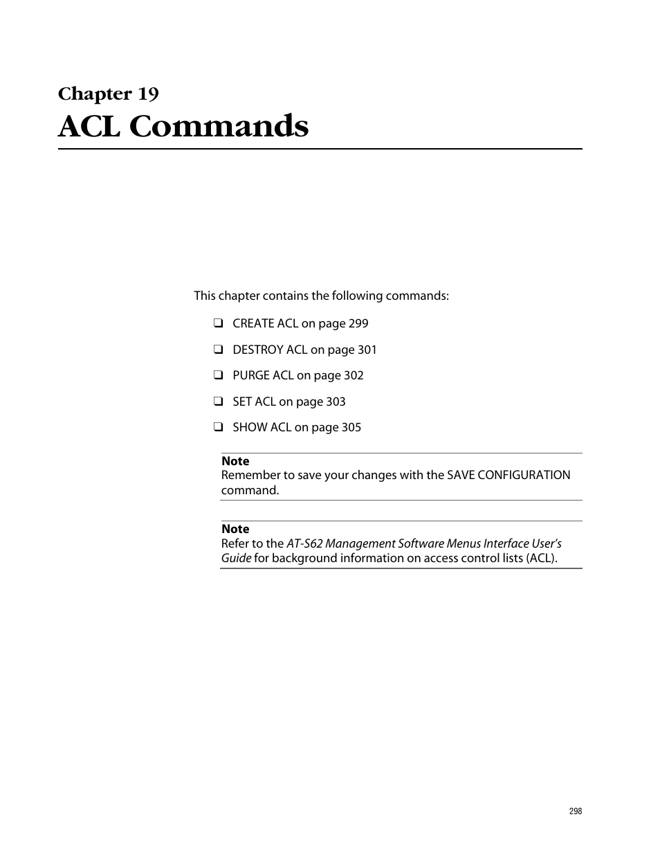 Chapter 19, Acl commands | Allied Telesis AT-S62 User Manual | Page 298 / 573