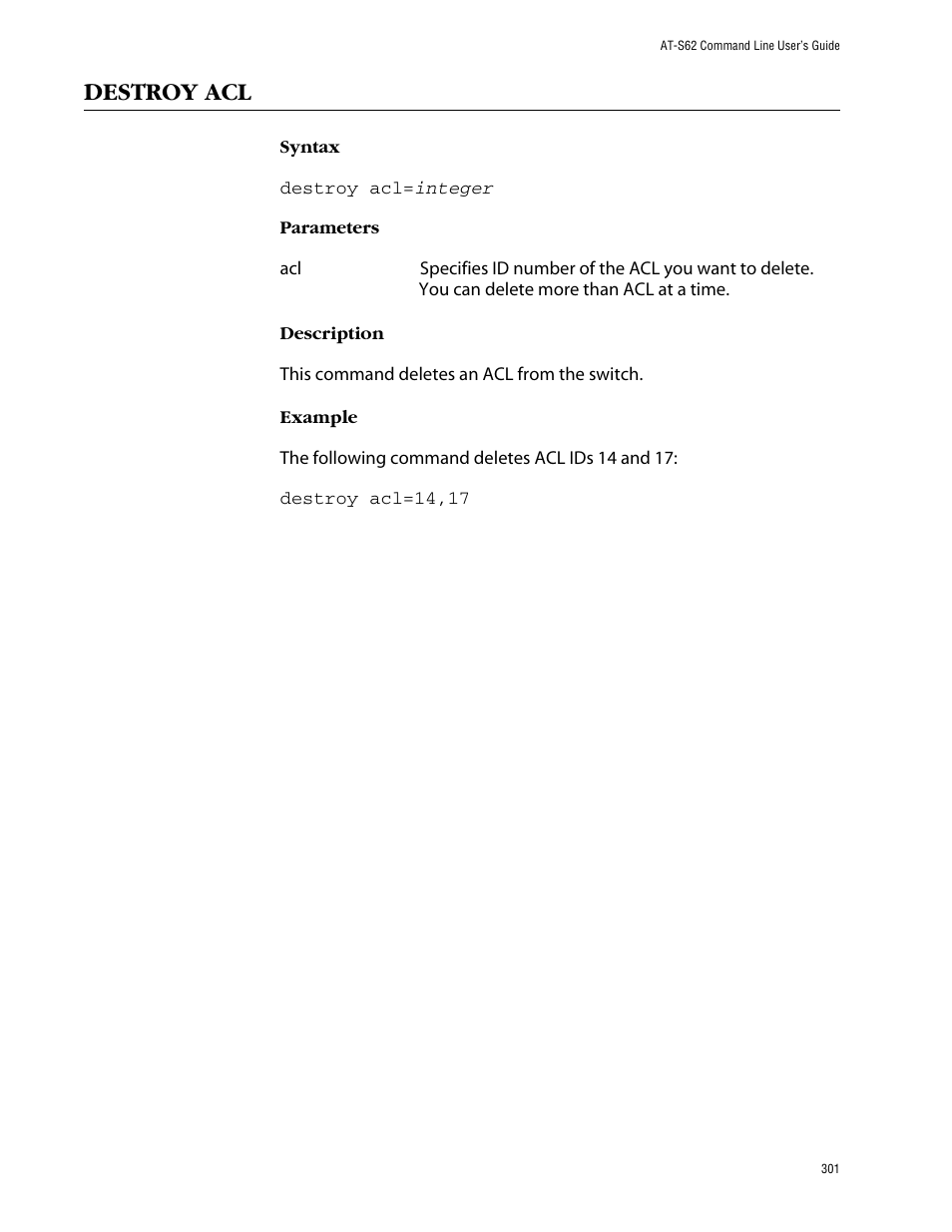 Destroy acl | Allied Telesis AT-S62 User Manual | Page 301 / 573