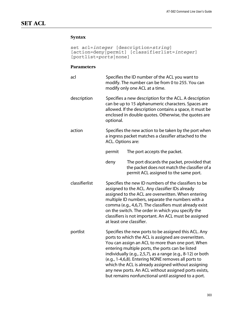 Set acl | Allied Telesis AT-S62 User Manual | Page 303 / 573