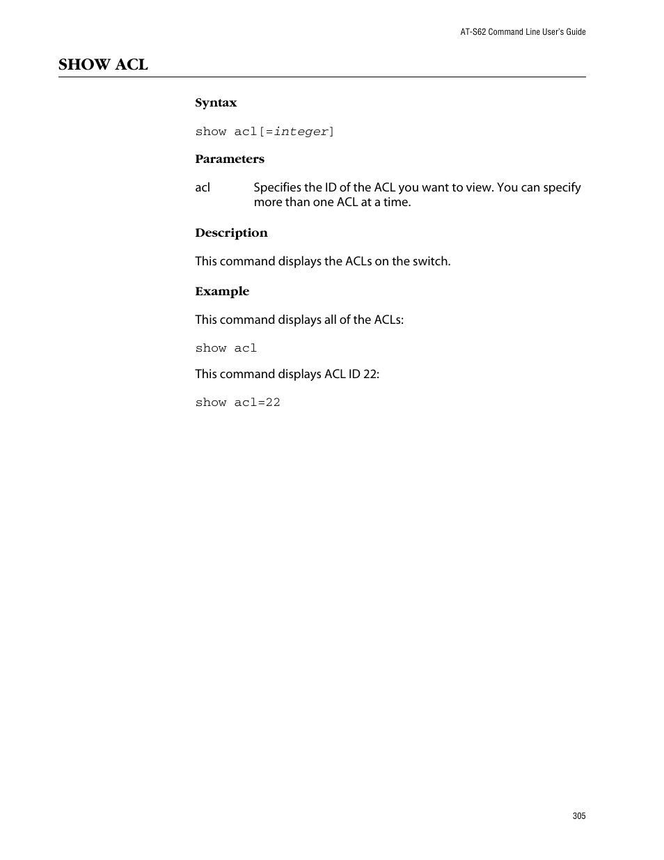 Show acl | Allied Telesis AT-S62 User Manual | Page 305 / 573