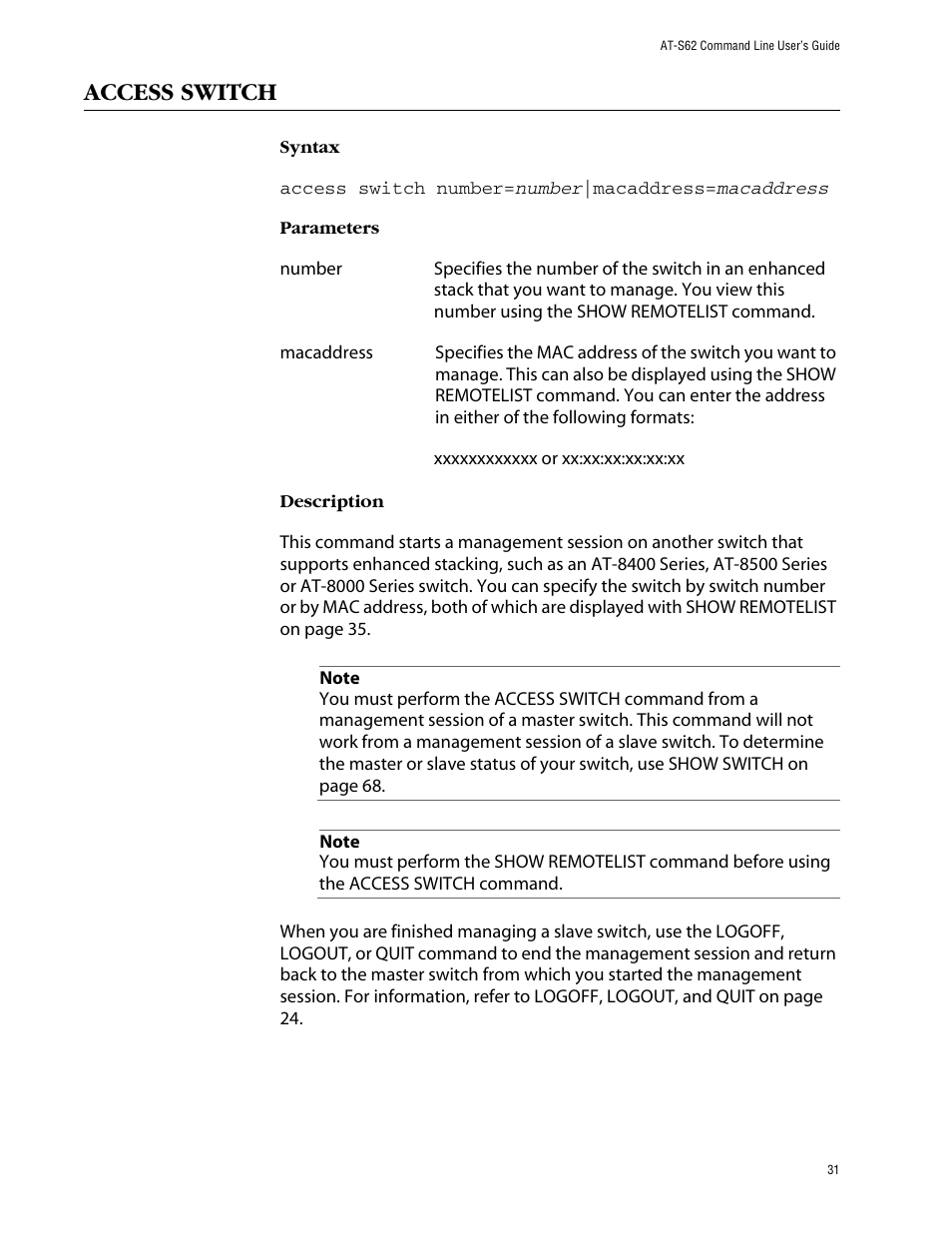 Access switch | Allied Telesis AT-S62 User Manual | Page 31 / 573