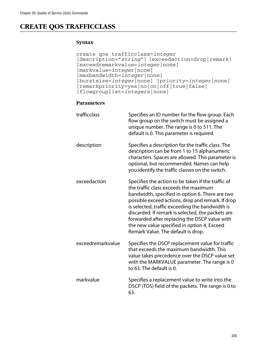 Create qos trafficclass | Allied Telesis AT-S62 User Manual | Page 320 / 573