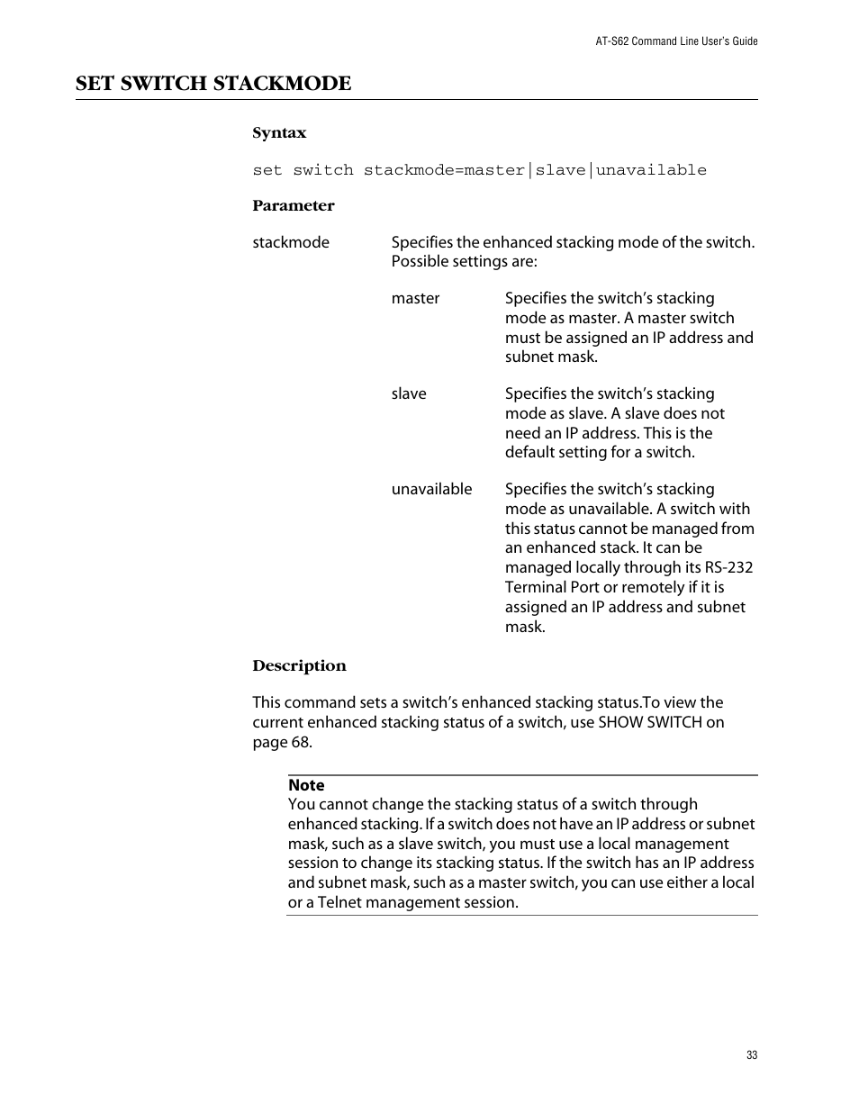 Set switch stackmode | Allied Telesis AT-S62 User Manual | Page 33 / 573