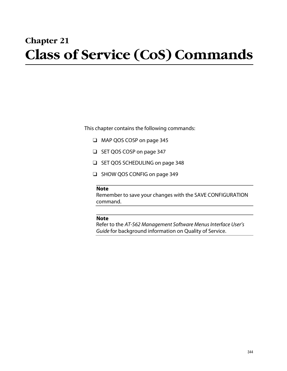 Chapter 21, Class of service (cos) commands | Allied Telesis AT-S62 User Manual | Page 344 / 573