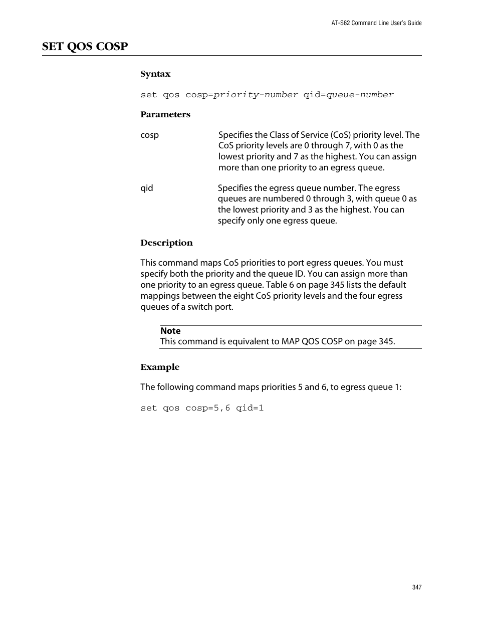 Set qos cosp | Allied Telesis AT-S62 User Manual | Page 347 / 573