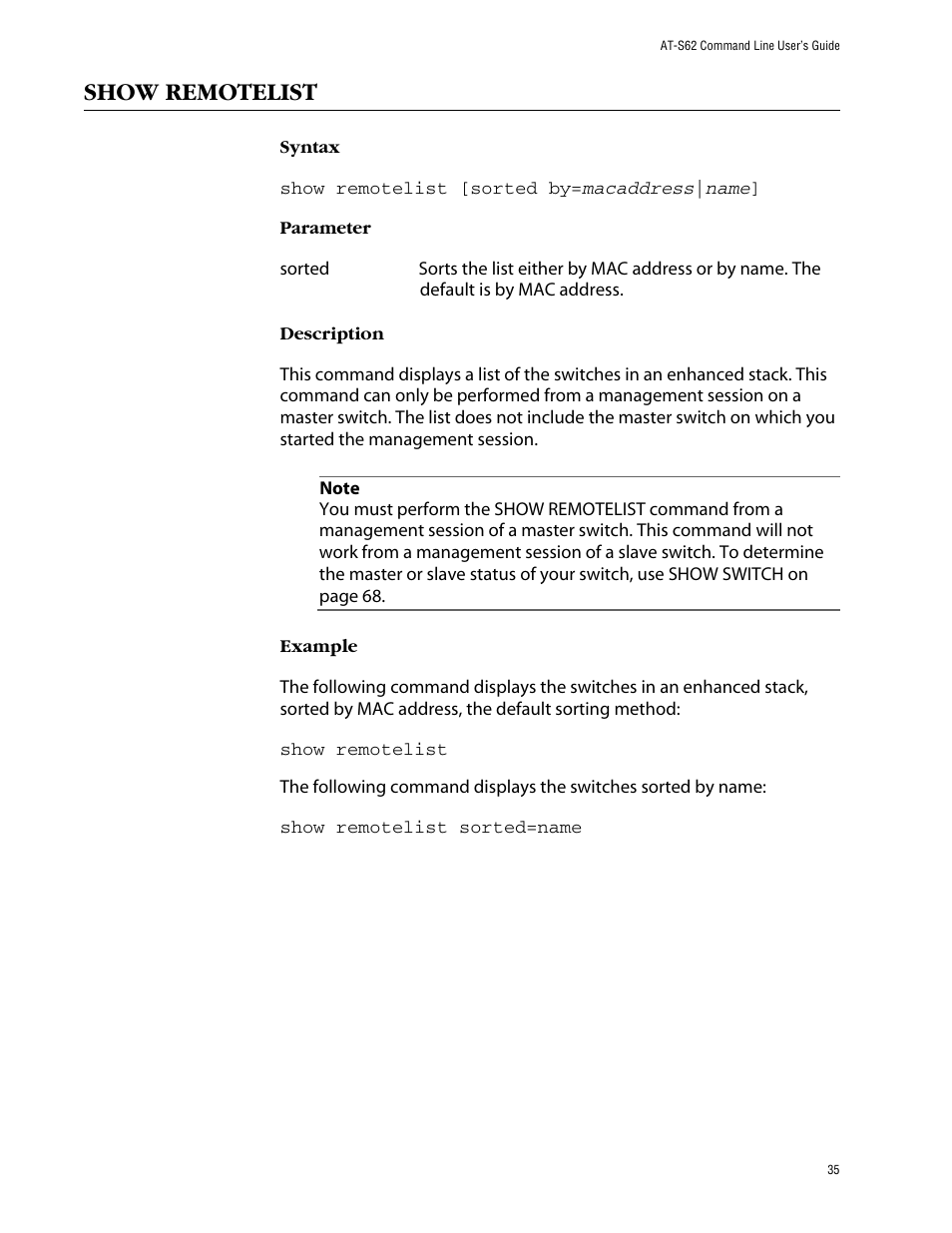 Show remotelist | Allied Telesis AT-S62 User Manual | Page 35 / 573