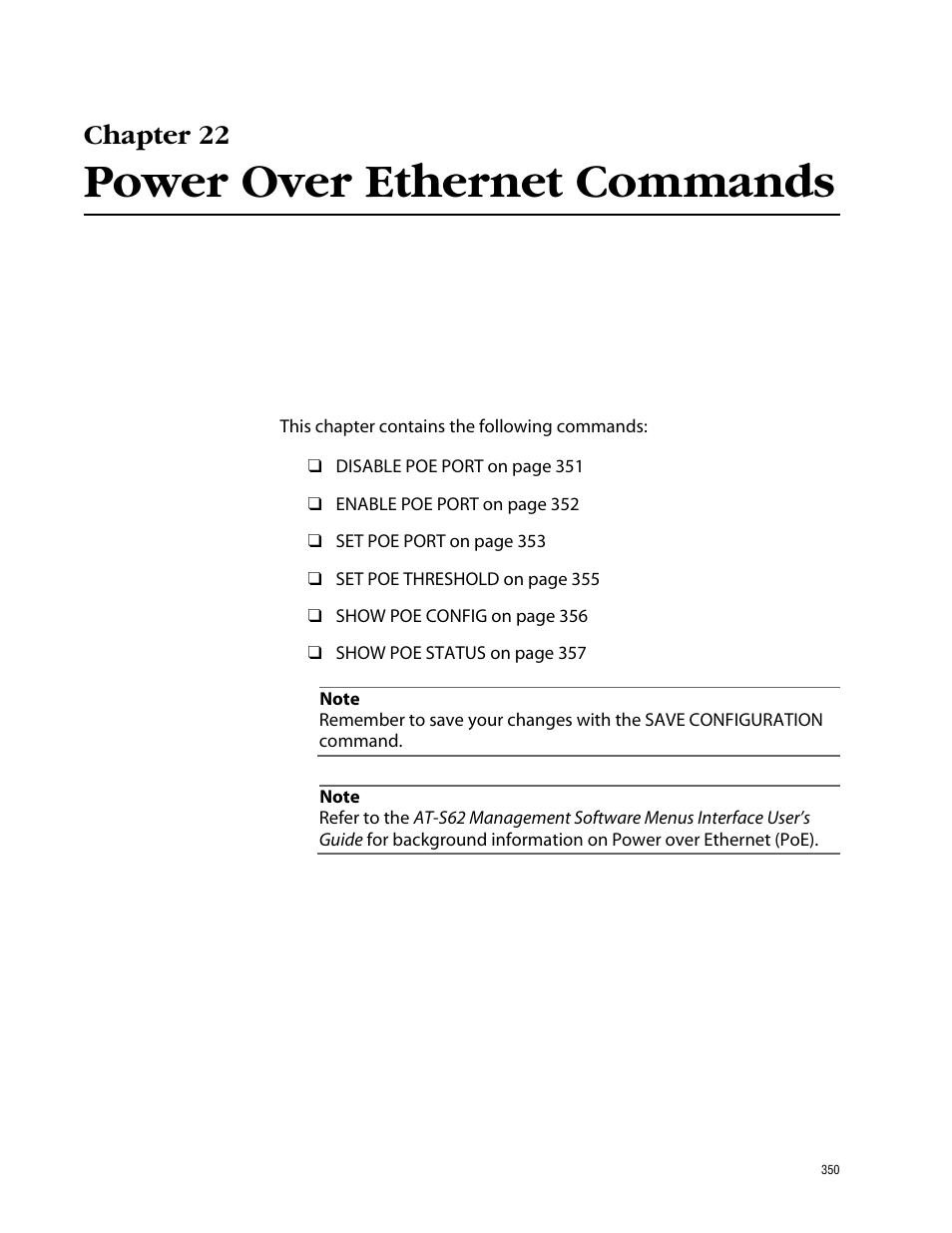 Chapter 22, Power over ethernet commands | Allied Telesis AT-S62 User Manual | Page 350 / 573