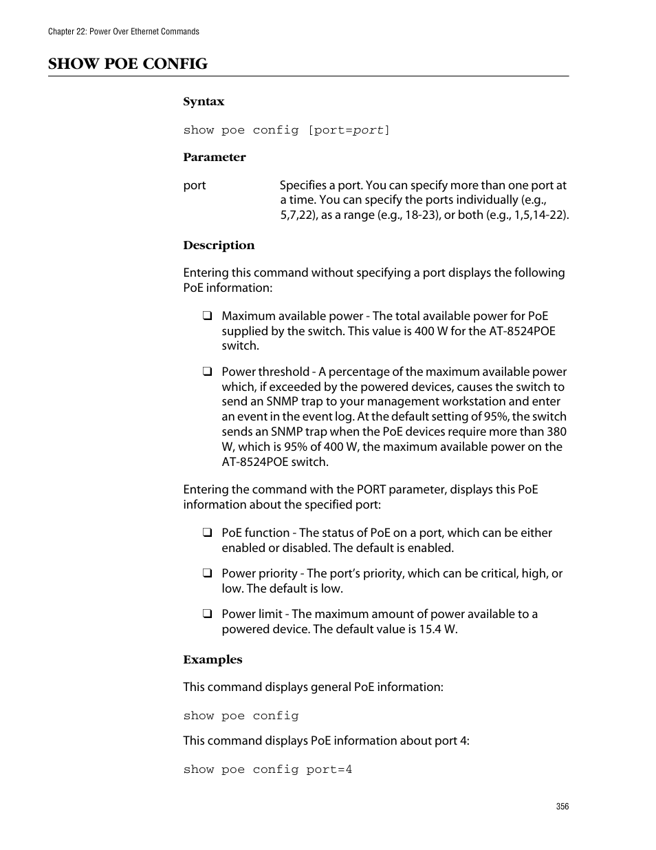 Show poe config | Allied Telesis AT-S62 User Manual | Page 356 / 573