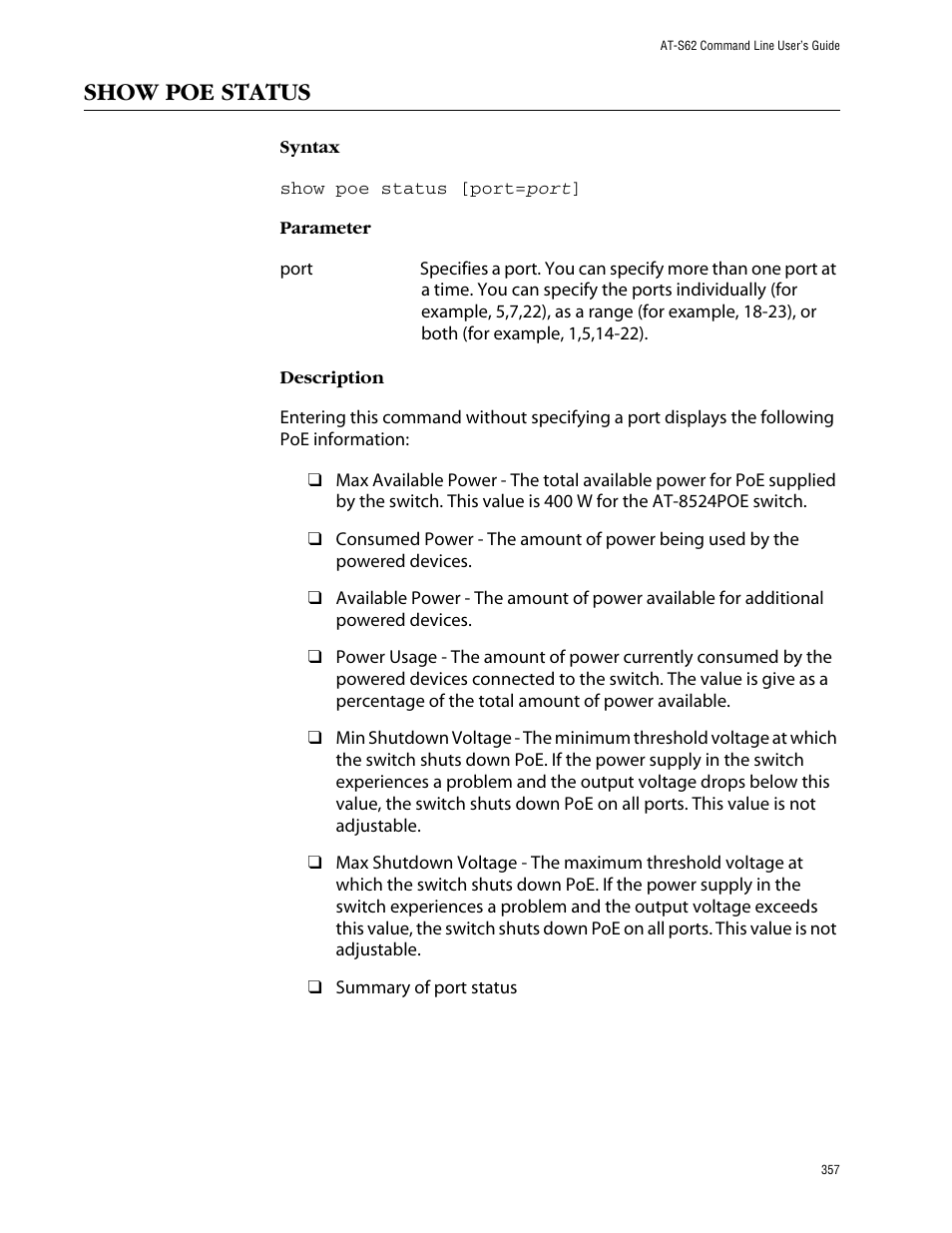 Show poe status | Allied Telesis AT-S62 User Manual | Page 357 / 573