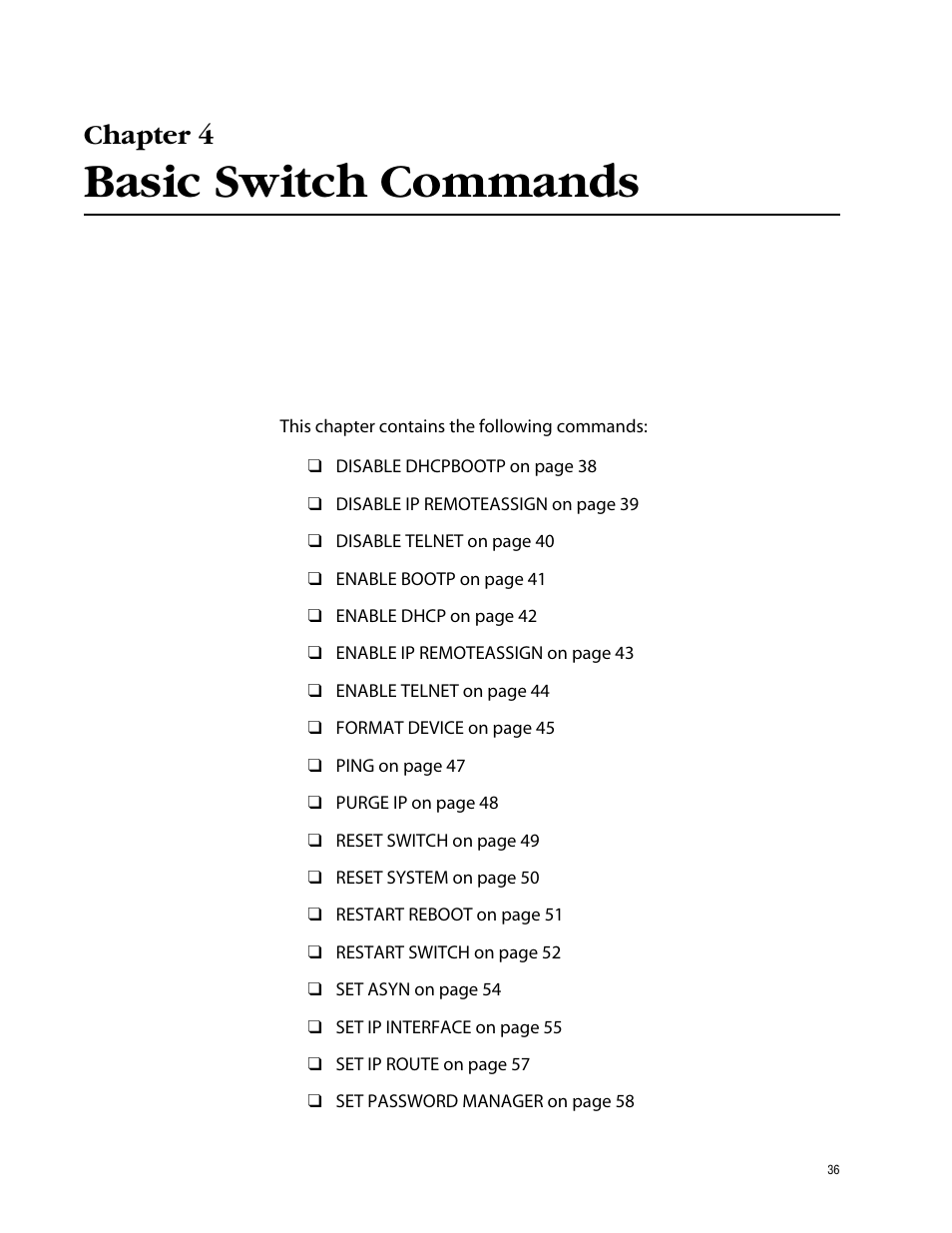 Chapter 4, Basic switch commands | Allied Telesis AT-S62 User Manual | Page 36 / 573