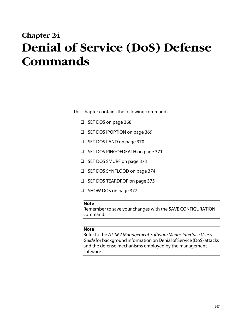 Chapter 24, Denial of service (dos) defense commands | Allied Telesis AT-S62 User Manual | Page 367 / 573