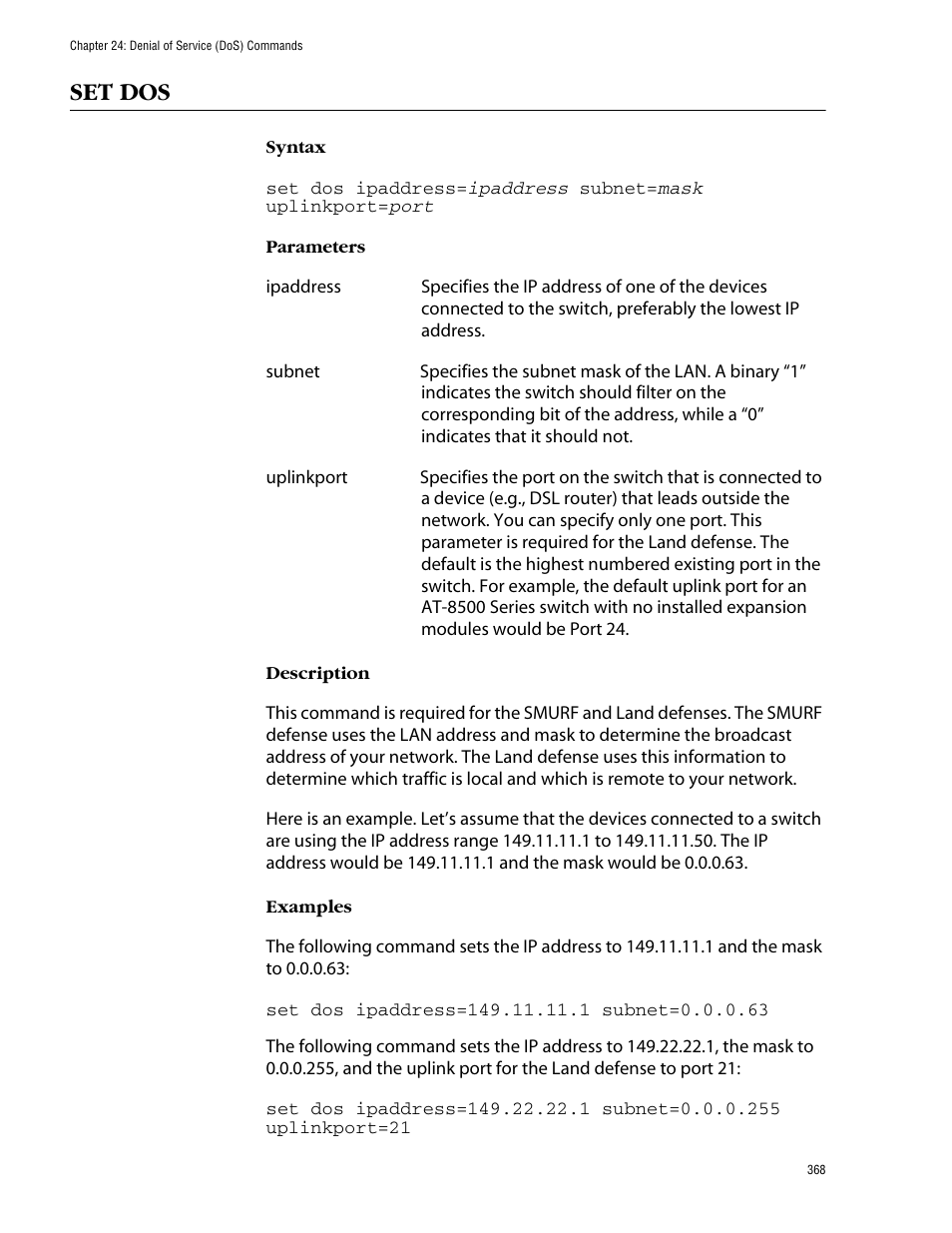 Set dos | Allied Telesis AT-S62 User Manual | Page 368 / 573