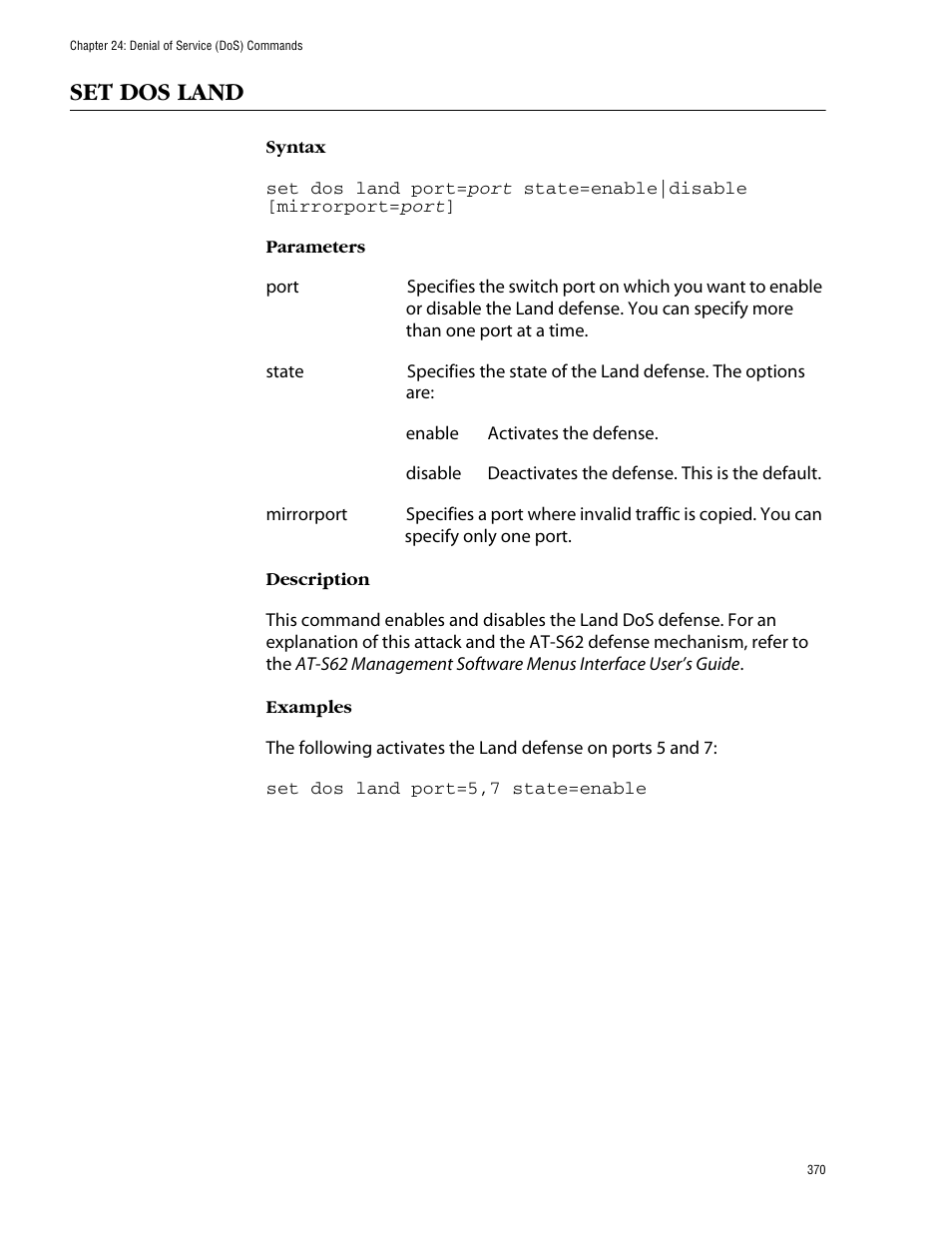 Set dos land | Allied Telesis AT-S62 User Manual | Page 370 / 573