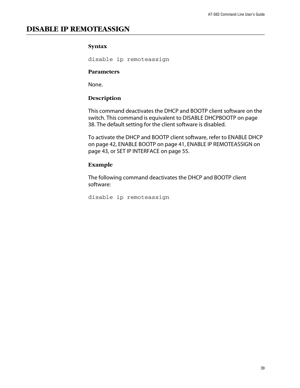 Disable ip remoteassign | Allied Telesis AT-S62 User Manual | Page 39 / 573