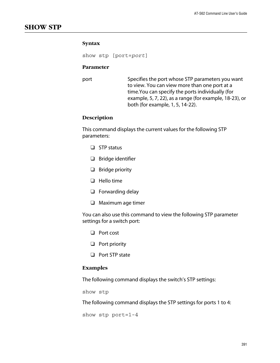 Show stp | Allied Telesis AT-S62 User Manual | Page 391 / 573