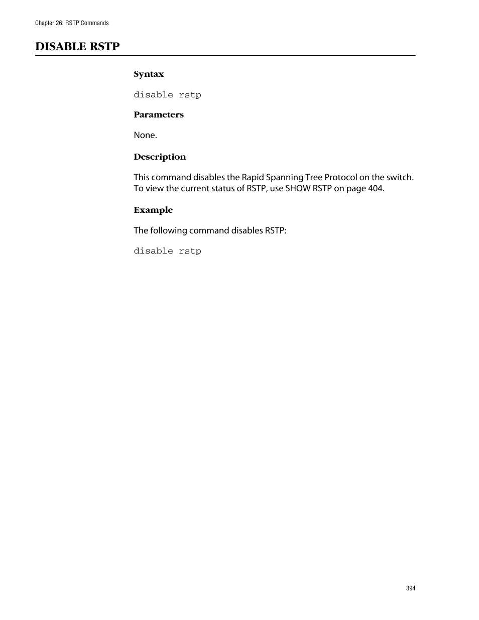 Disable rstp | Allied Telesis AT-S62 User Manual | Page 394 / 573