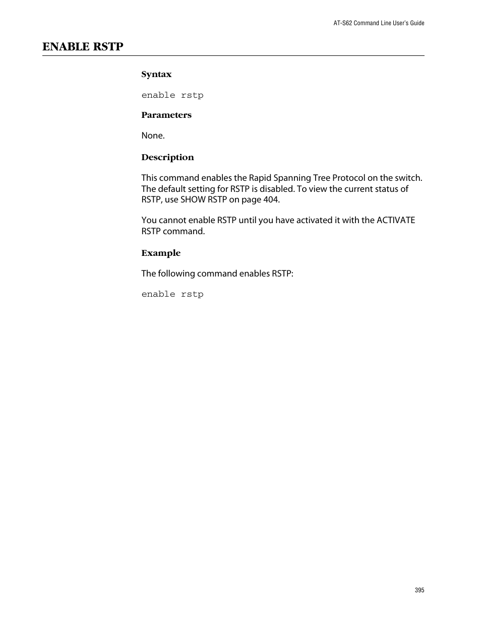 Enable rstp | Allied Telesis AT-S62 User Manual | Page 395 / 573