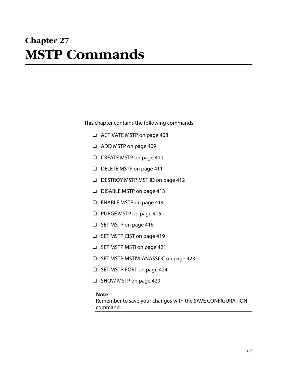 Chapter 27, Mstp commands | Allied Telesis AT-S62 User Manual | Page 406 / 573