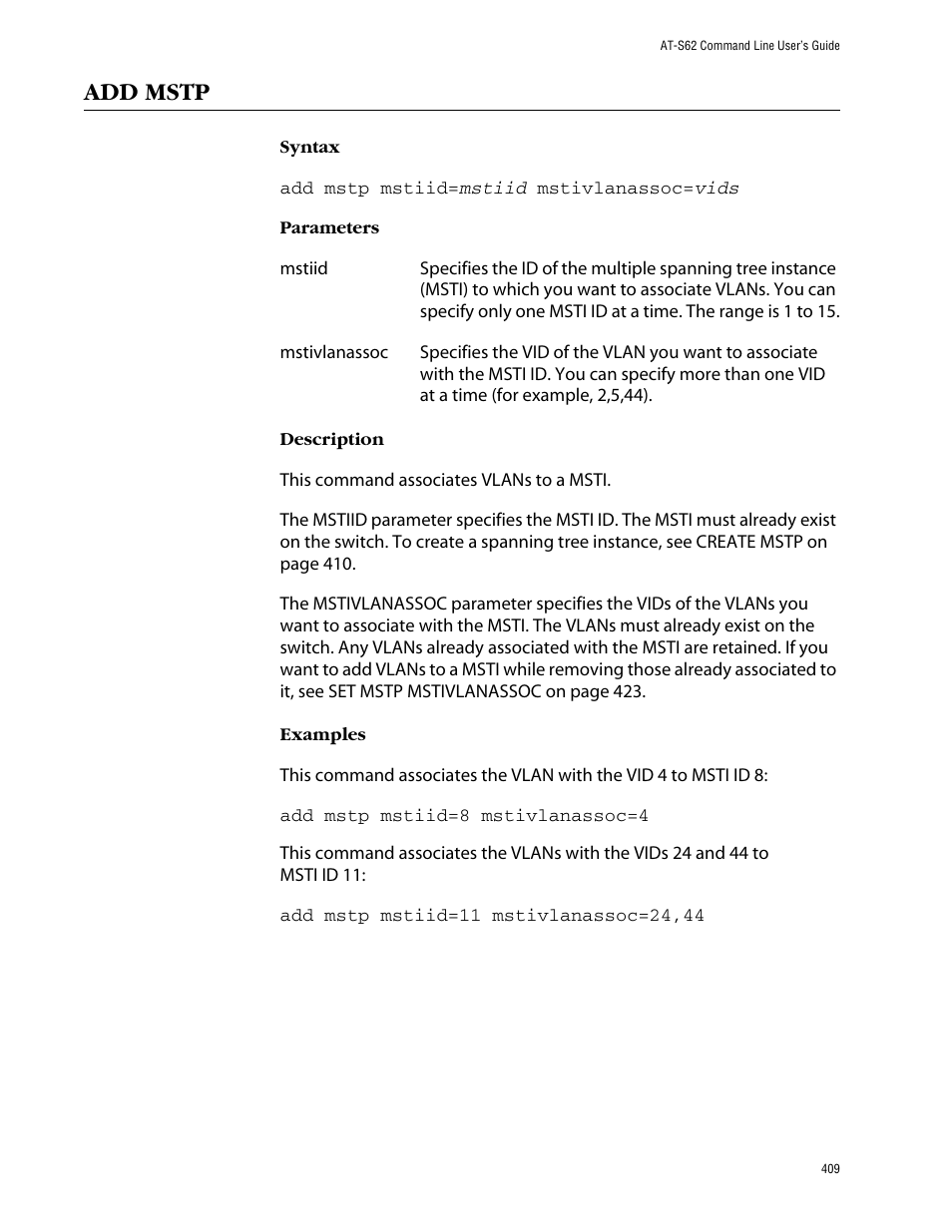 Add mstp | Allied Telesis AT-S62 User Manual | Page 409 / 573