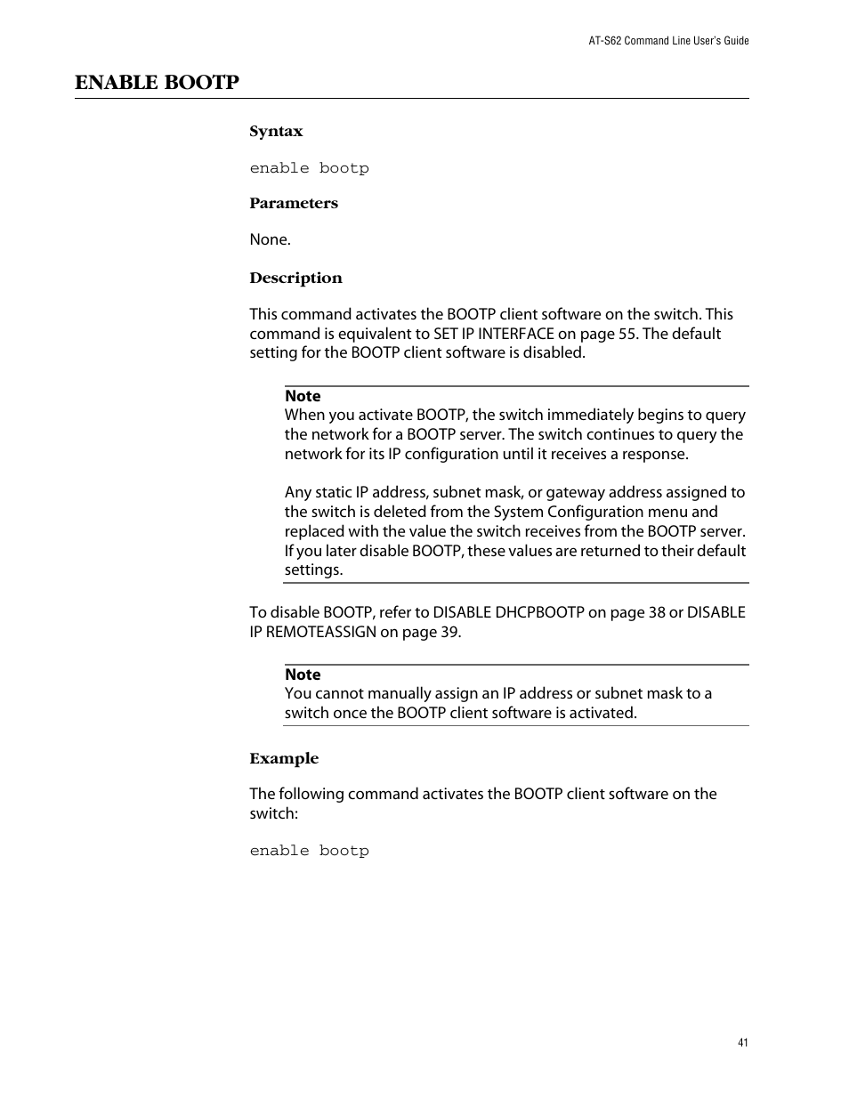 Enable bootp, 41, enable ip remoteassign on | Allied Telesis AT-S62 User Manual | Page 41 / 573