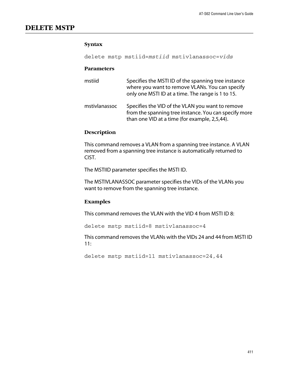 Delete mstp | Allied Telesis AT-S62 User Manual | Page 411 / 573