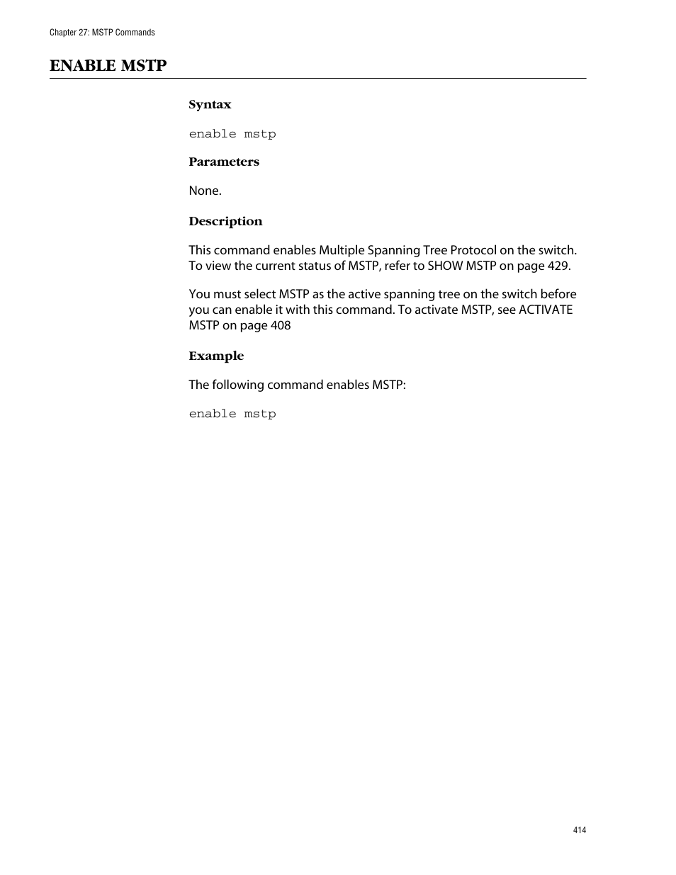 Enable mstp | Allied Telesis AT-S62 User Manual | Page 414 / 573