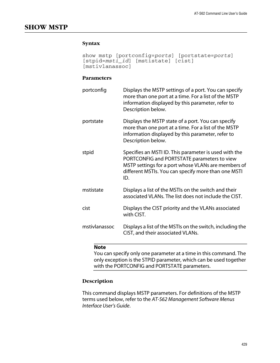 Show mstp | Allied Telesis AT-S62 User Manual | Page 429 / 573