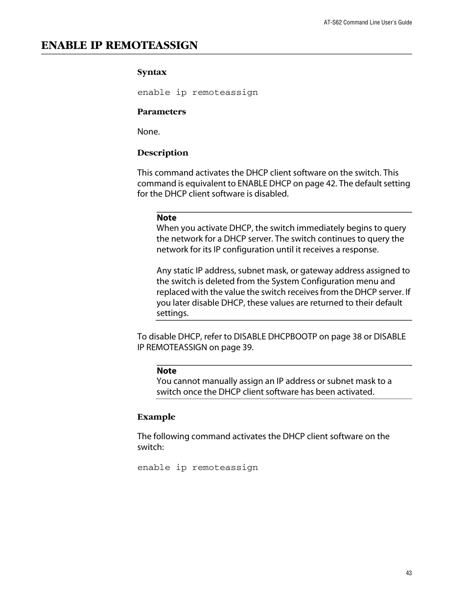 Enable ip remoteassign | Allied Telesis AT-S62 User Manual | Page 43 / 573