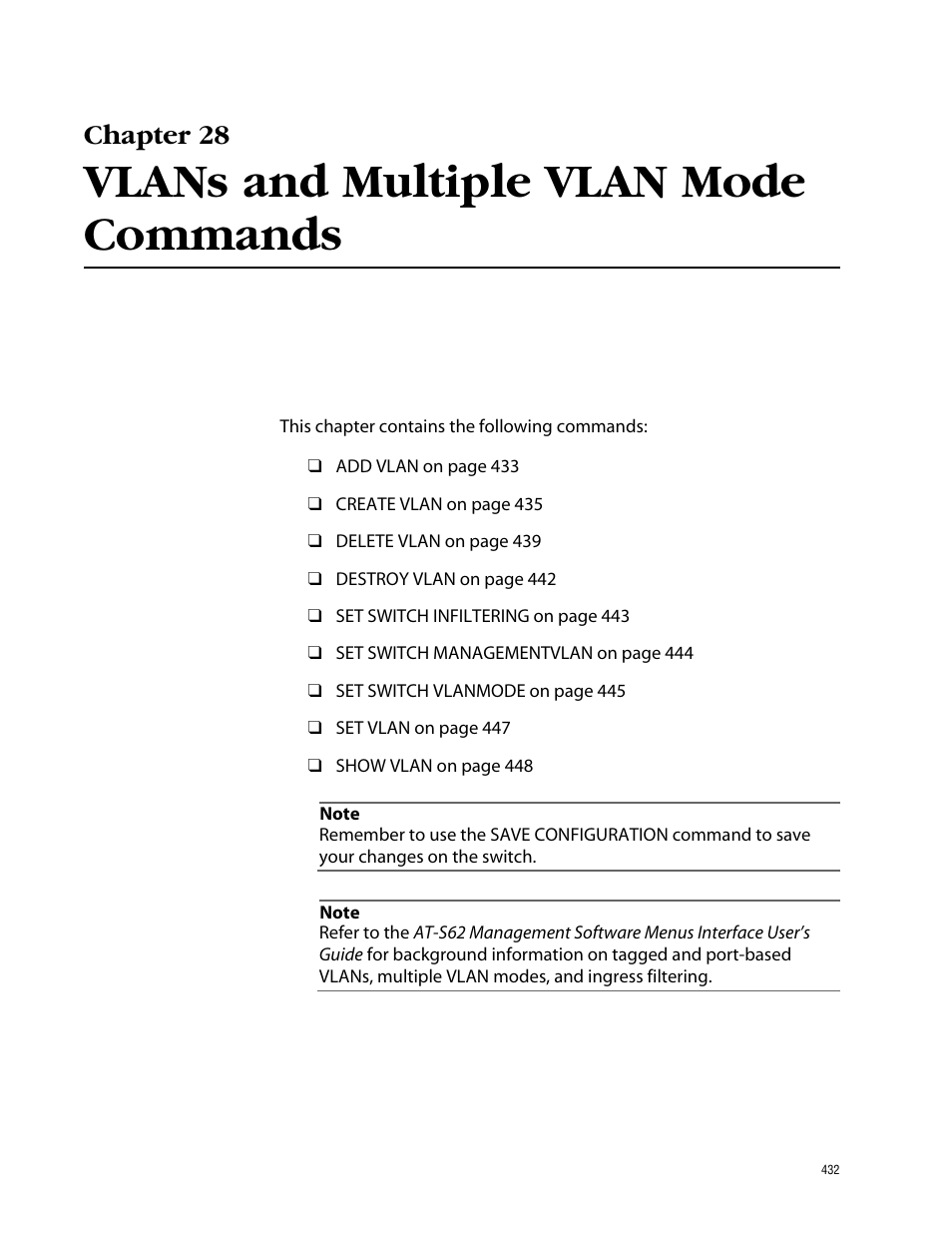 Chapter 28, Vlans and multiple vlan mode commands | Allied Telesis AT-S62 User Manual | Page 432 / 573