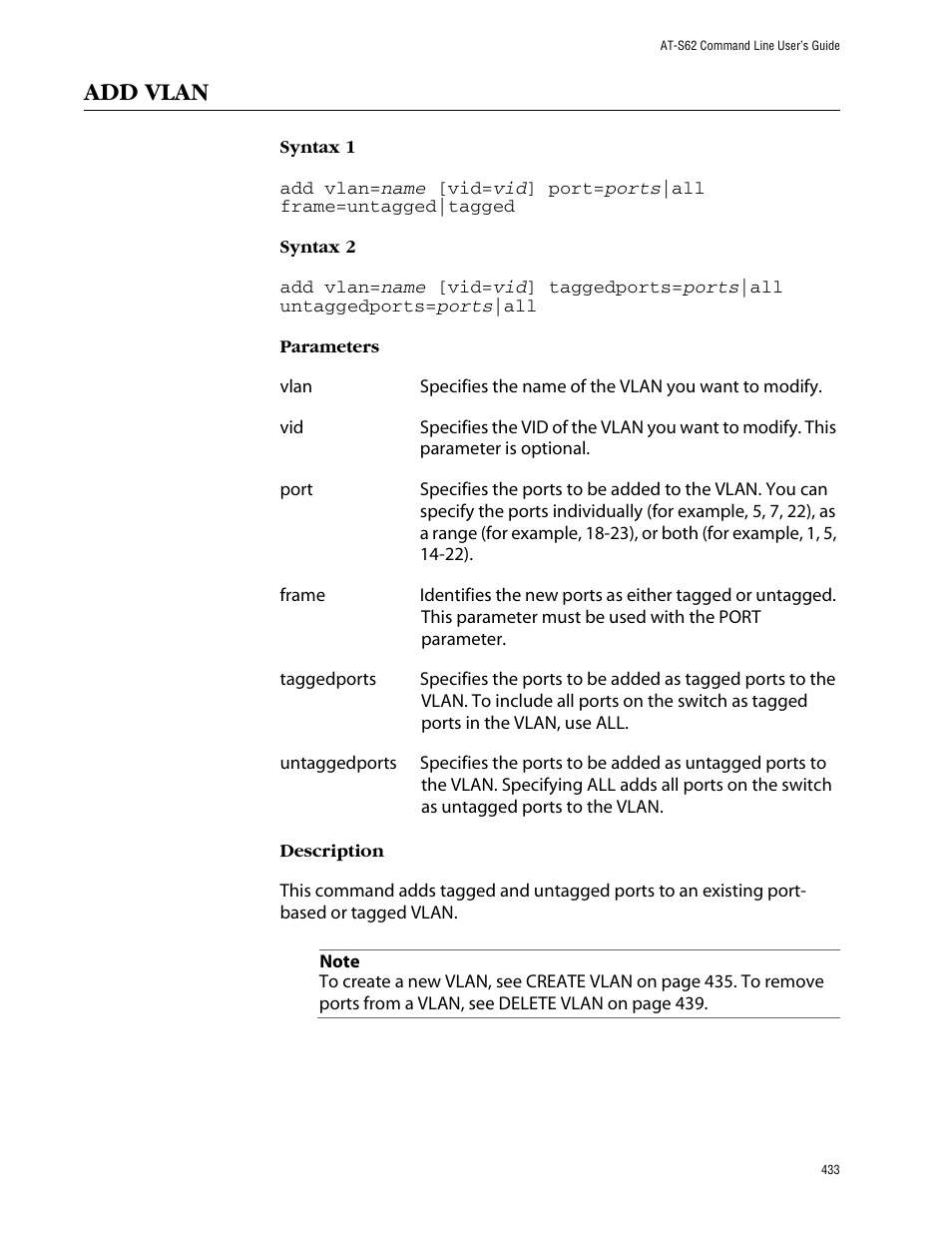 Add vlan | Allied Telesis AT-S62 User Manual | Page 433 / 573