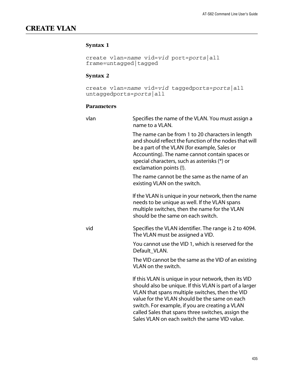 Create vlan | Allied Telesis AT-S62 User Manual | Page 435 / 573